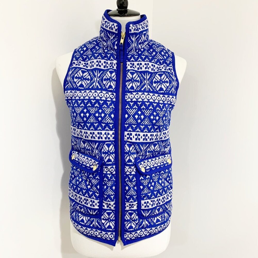 J. Crew Womens Excursion Puffer Vest In Fair Isle Blue White Size XXS